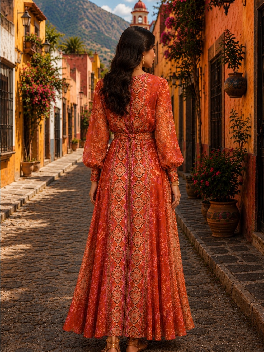 SPY ZONE Bohemian Long Sleeve Maxi Dress in the color Rust New w/tags Size Large - Picture 2 of 7